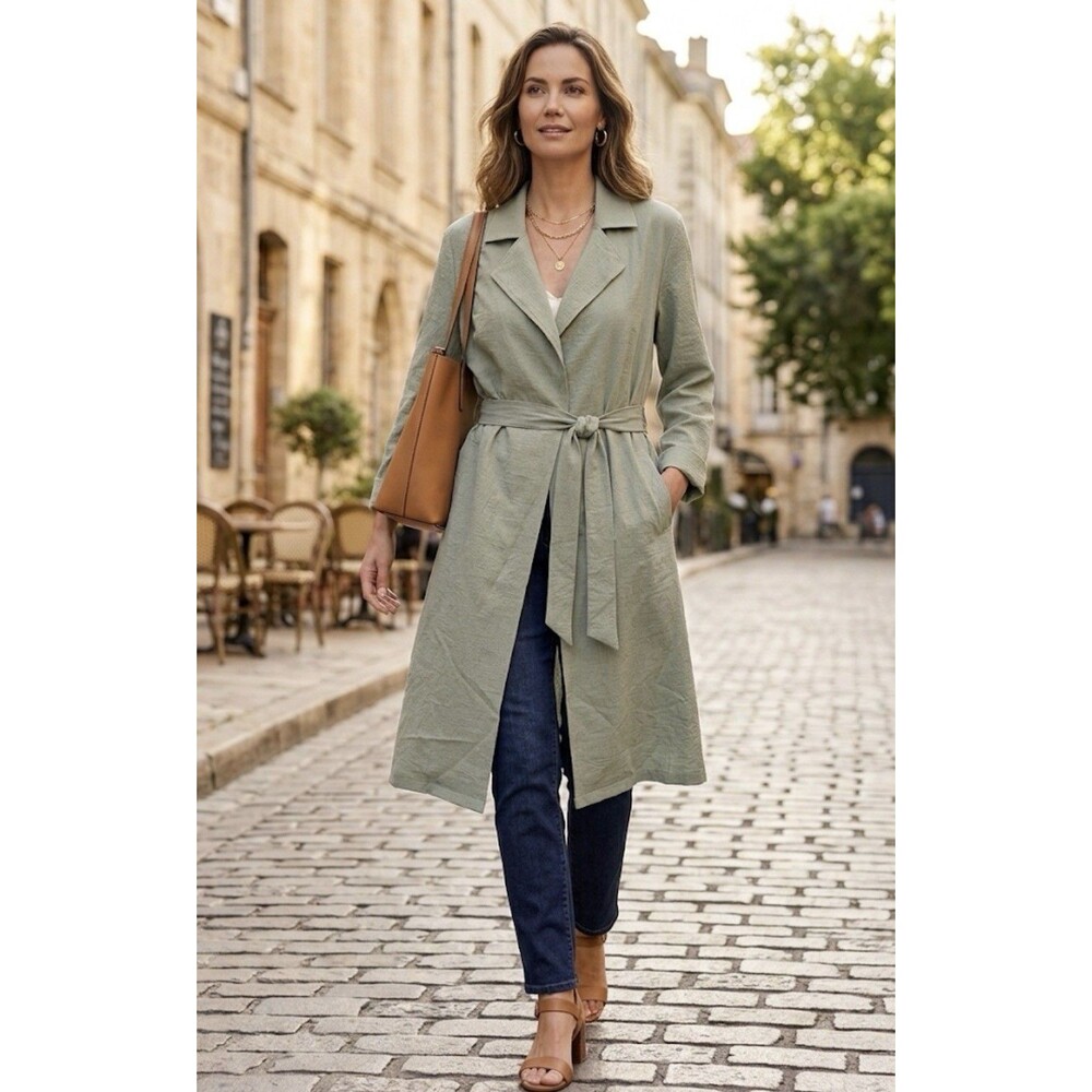 Sweet Rain Jacket Belted Coat 2XL Sage Green Knee-length lightweight